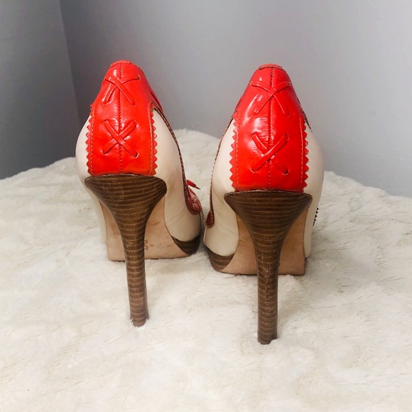 Bebe Capri Orange and Off-White Peep Toe Stilettos - Picture 7 of 9